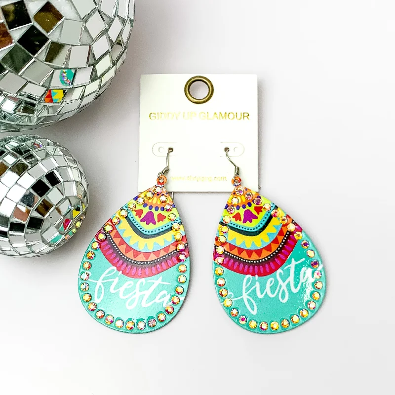 Fiesta Teardrop Earrings with AB Crystal Outline in Turquoise