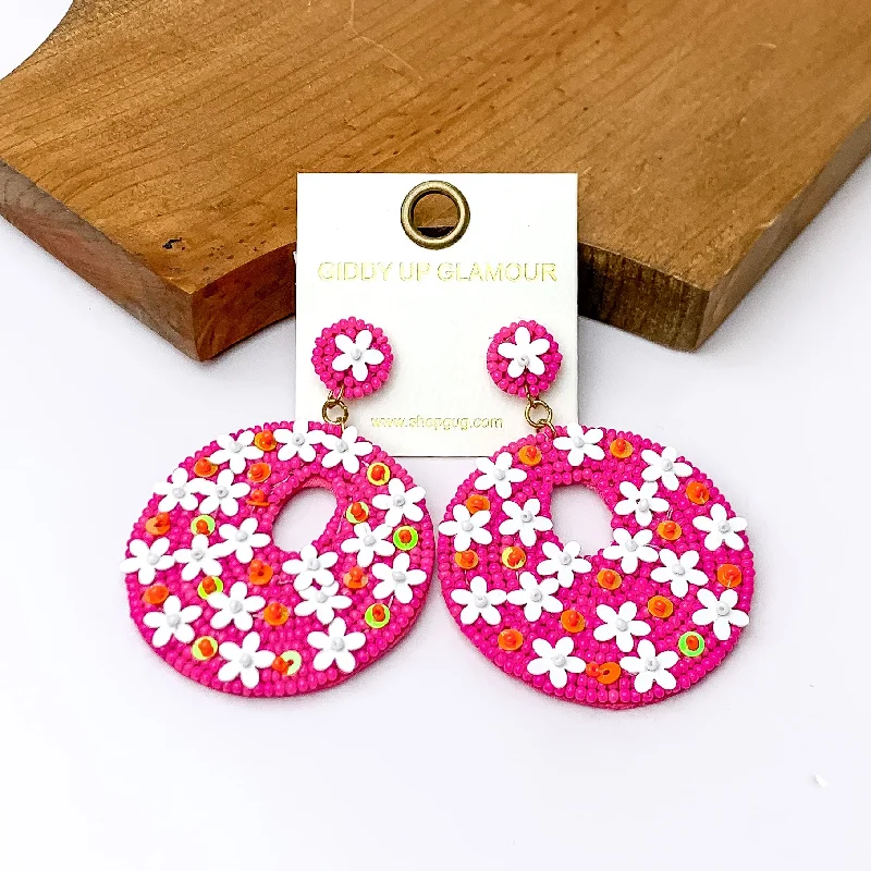 Fuchsia Pink Beaded Circular Drop Earrings with Floral Designs