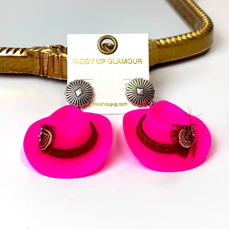 Fuchsia Pink Cowboy Hat and Feather Drop Earrings