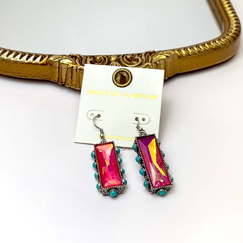 Fuchsia Pink Crystal Bar Drop Earrings with Faux Turquoise Border Accents