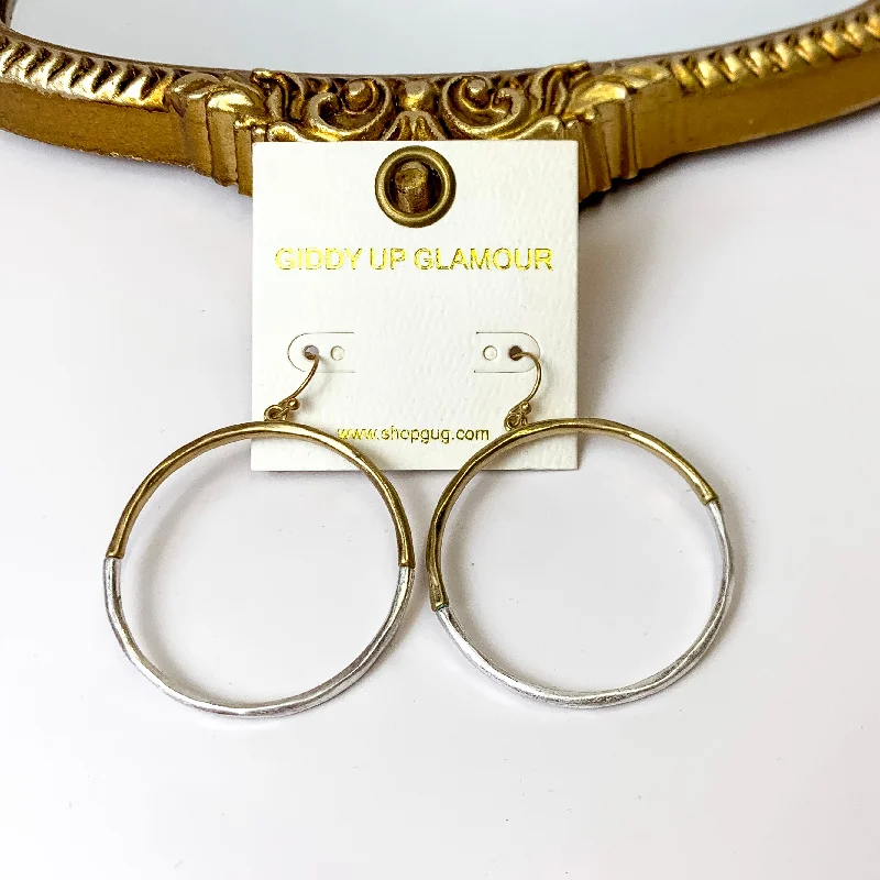 Fun and Done Two Toned Hammered Textured Circle Drop Earrings in Gold and Silver