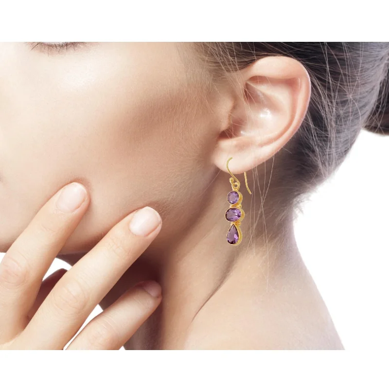 Gold Overlay 'Lilac Triad' Amethyst Earrings (India)