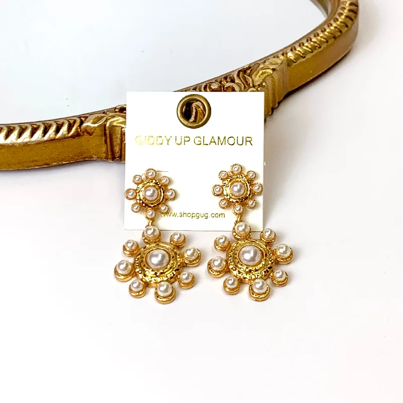 Gold Tone Pearl Flower Drop Earrings