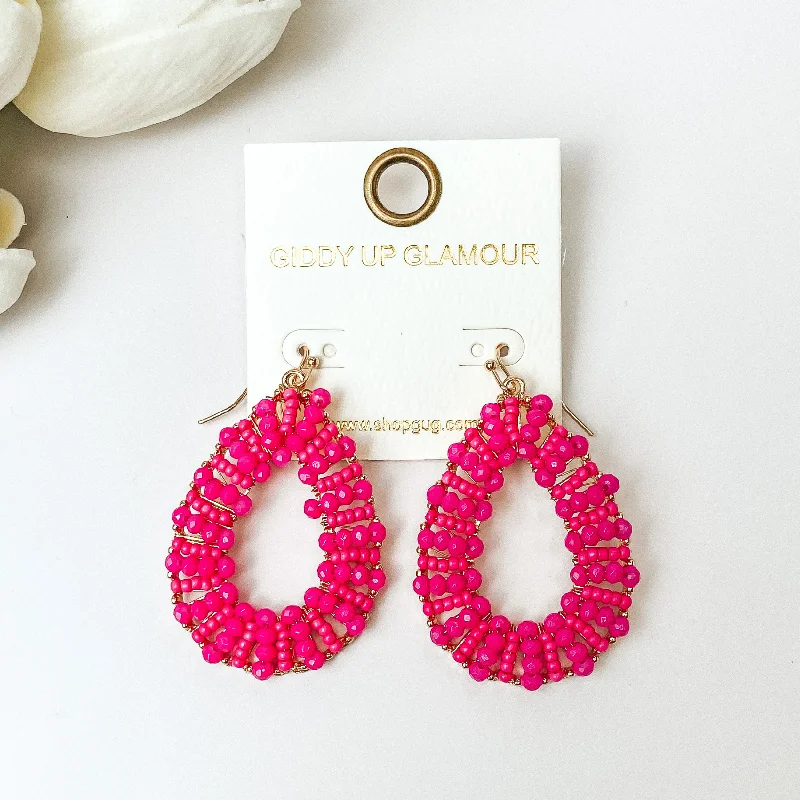 Gold Tone Teardrop Earrings with Hot Pink Beaded Outline