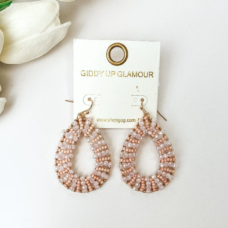 Gold Tone Teardrop Earrings with Light Pink Beaded Outline