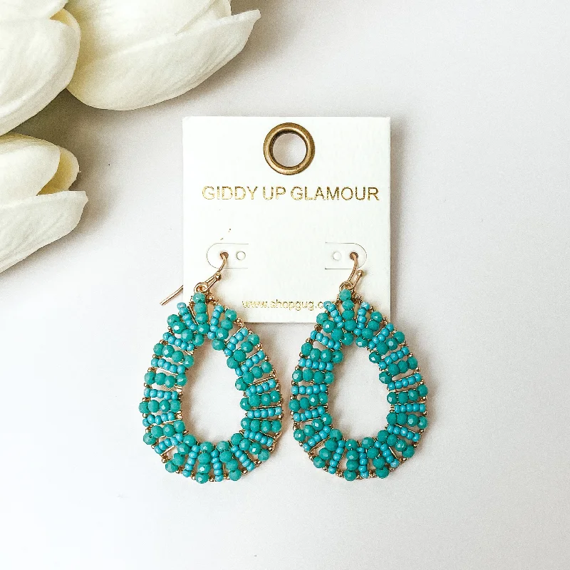 Gold Tone Teardrop Earrings with Turquoise Beaded Outline