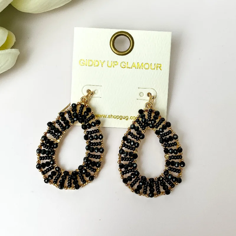 Gold Undertone Teardrop Earrings with Black Beaded Outline