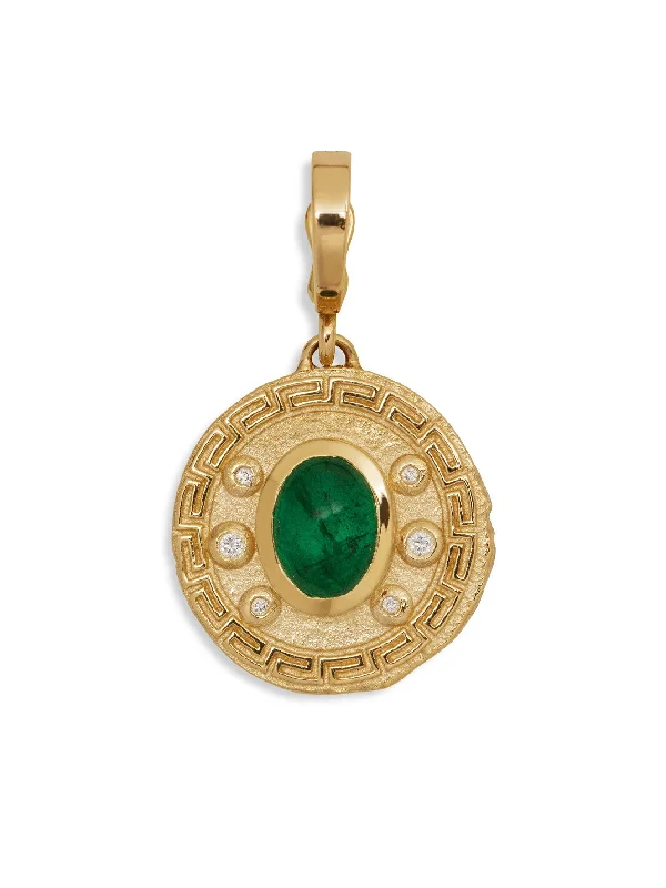 Greek Pattern and Emerald Yellow Gold Coin Charm