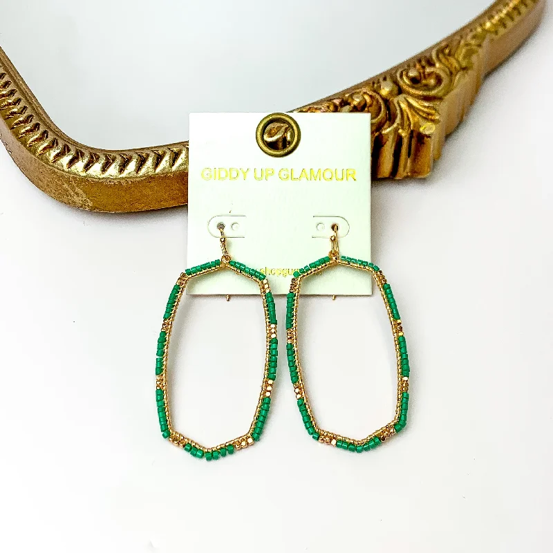 Green Beaded Open Large Drop Earrings with Gold Tone Accessory