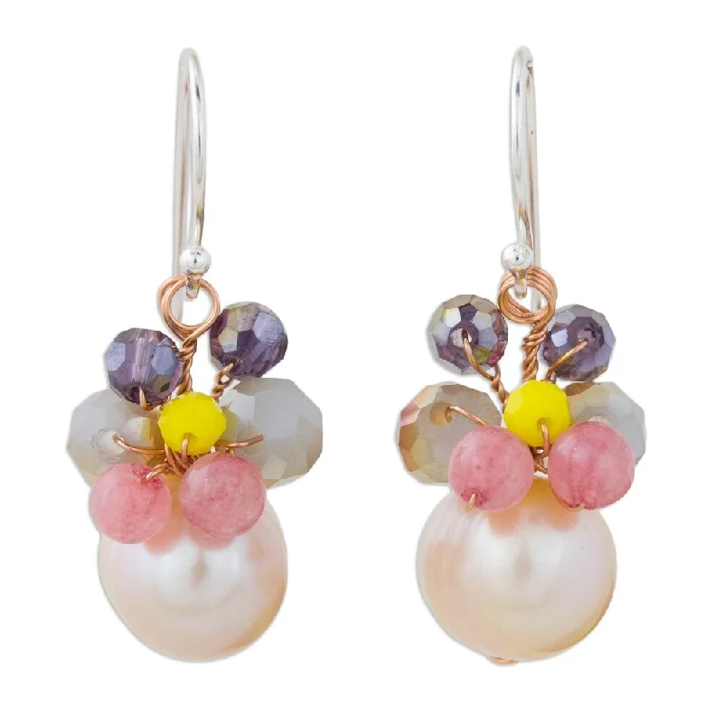 Handcrafted Sterling Silver 'Butterfly Party in Pink' Cultured Pearl Quartz Earrings (10 mm) (Thailand) - 1.3*0.5