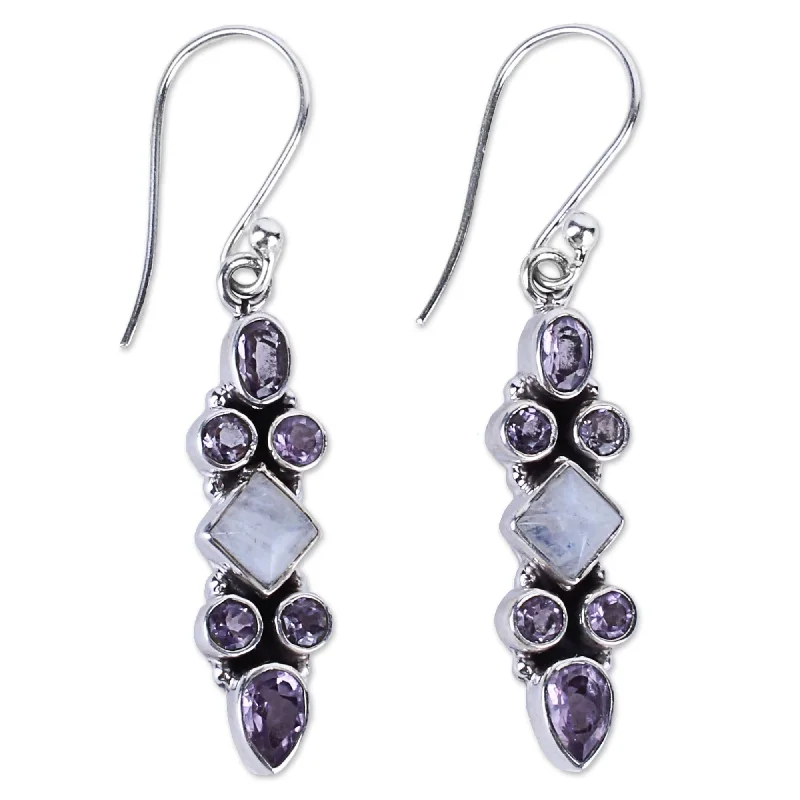 Handmade Rainbow Moonstone Amethyst Earrings (India) - 1.8*0.3