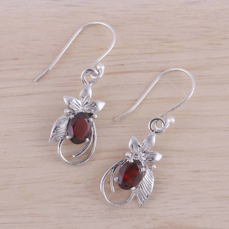 Handmade Rhodium Plated Sterling Silver 'Red Buds' Garnet Earrings (India)