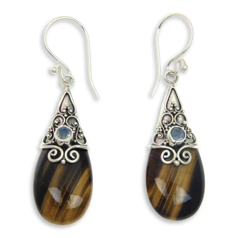 Handmade Silver 'Sunset Aurora' Tiger's Eye Moonstone Earrings (Indonesia)