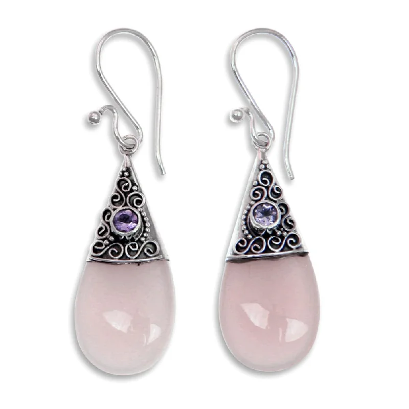 Handmade Sterling Silver 'Bali Snowcap' Rose Quartz Amethyst Earrings (indonesia) - 1.7*0.5