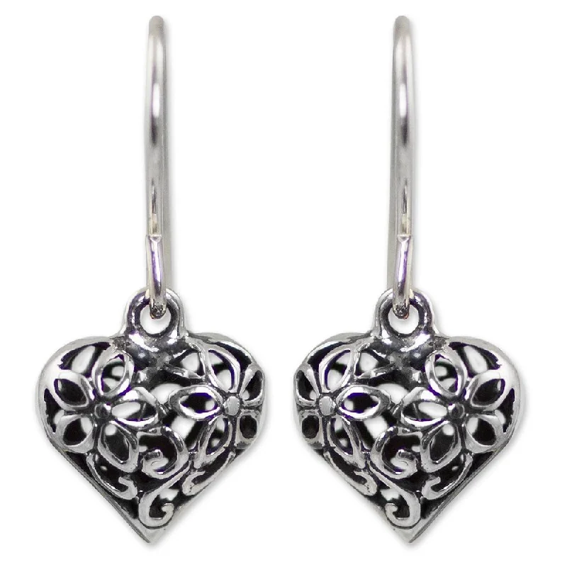 Handmade Sterling Silver 'Blossoming Heart' Earrings (Thailand) - 0.9L*0.5W