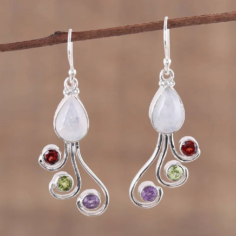 Handmade Sterling Silver Colorful Shower Multi-gemstone Earrings (India) - 1.9*0.6