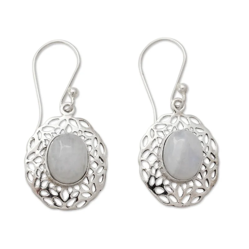 Handmade Sterling Silver 'Delhi Dewdrop' Rainbow Moonstone Earrings(India)