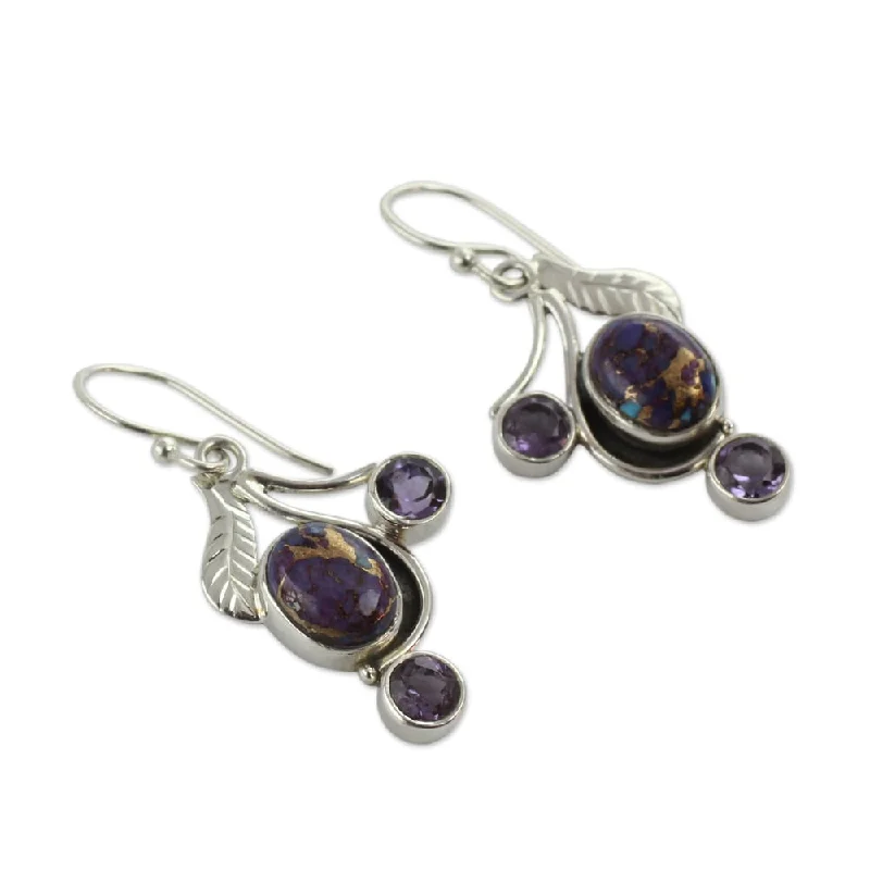 Handmade Sterling Silver 'Dew Blossom' Amethyst Turquoise Earrings (India)