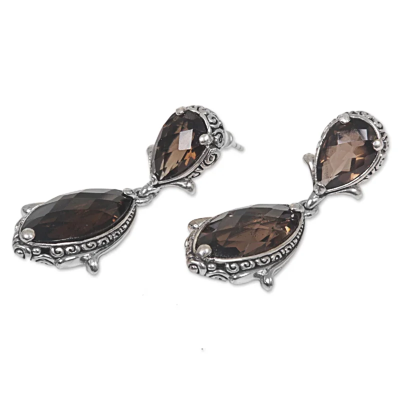 Handmade Sterling Silver 'Distant Smoke' Smoky Quartz Earrings (Indonesia) - 1.6L*0.7W