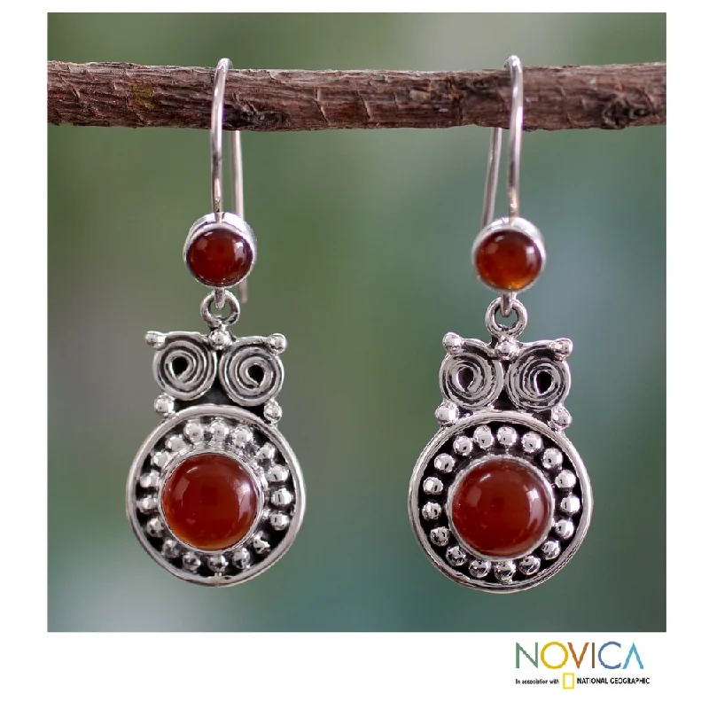 Handmade Sterling Silver 'Fire Owl' Carnelian Earrings (India)