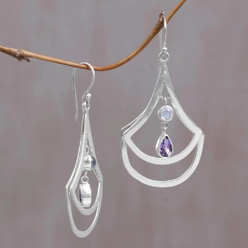 Handmade Sterling Silver 'Glory of Purple' Amethyst Rainbow Moonstone Earrings (Indonesia) - 2.5L* 1.3W