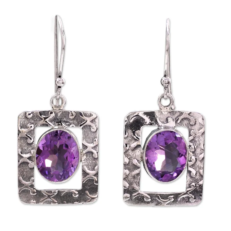 Handmade Sterling Silver 'Hypnotic Intuition' Amethyst Dangle Earrings (India)