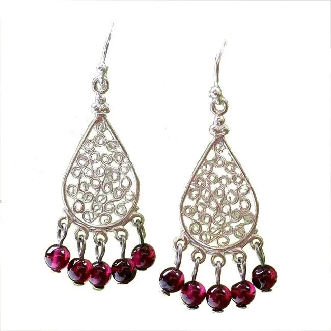 Handmade Sterling Silver 'Lace Teardrop' Garnet Chandelier Earrings (Thailand)