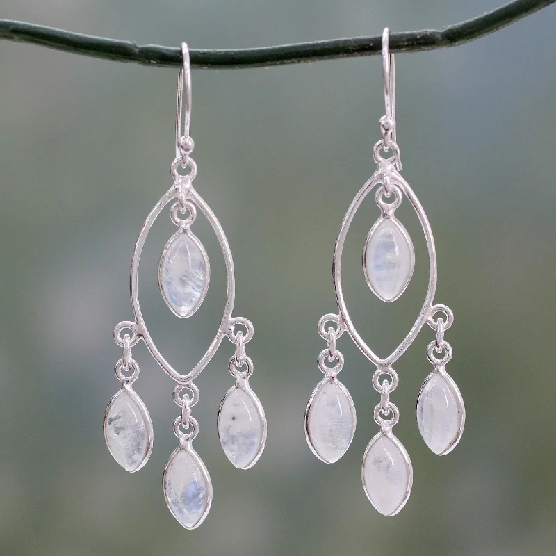 Handmade Sterling Silver 'Luminous Dew' Rainbow Moonstone Chandelier Earrings (India) - 2.2*0.6