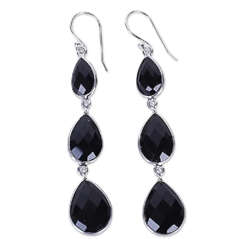 Handmade Sterling Silver Magical Elegance Onyx Earrings (India) - 2.8*0.5W