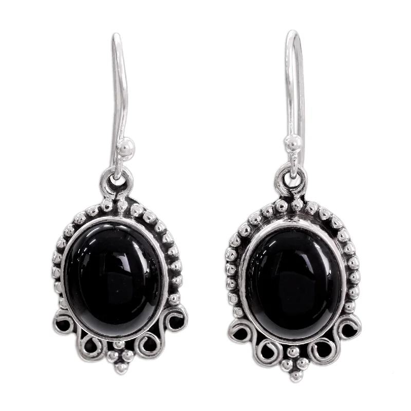 Handmade Sterling Silver 'Midnight Kiss' Onyx Dangle Earrings (India)