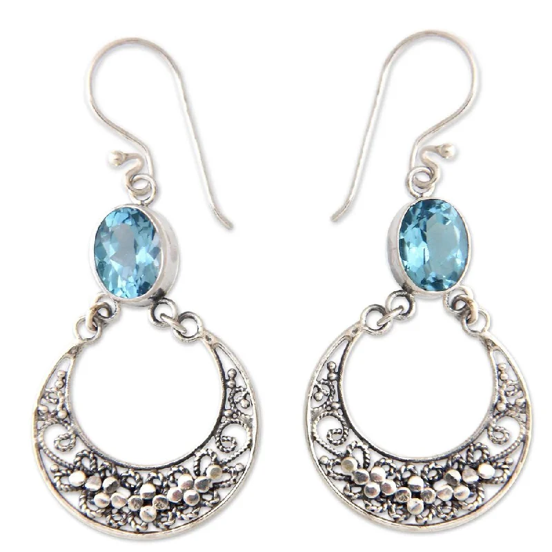 Handmade Sterling Silver 'Sumatra Moons' Blue Topaz Earrings (Indonesia)