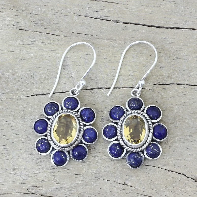 Handmade Sunny Blue Sterling Silver Lapiz Lazuli Citrine Earrings (India) - 1.4*0.7