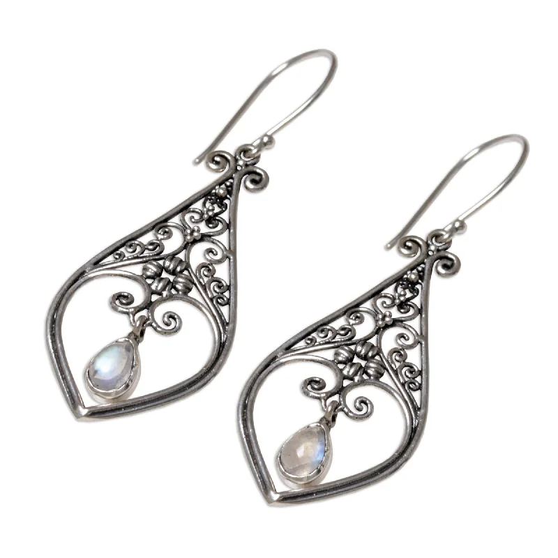 Handmade Weeping Hearts Sterling Silver Rainbow Moonstone Earrings (Indonesia) - 2*0.7