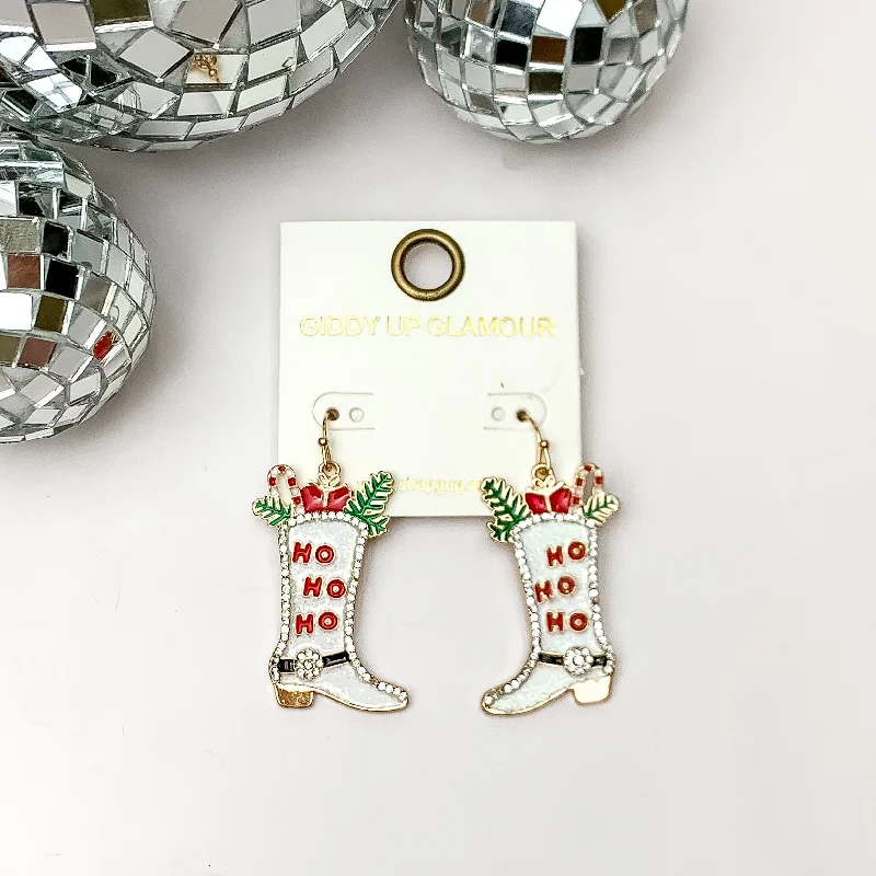 HO HO HO Cowboy Boot Drop Earrings in White