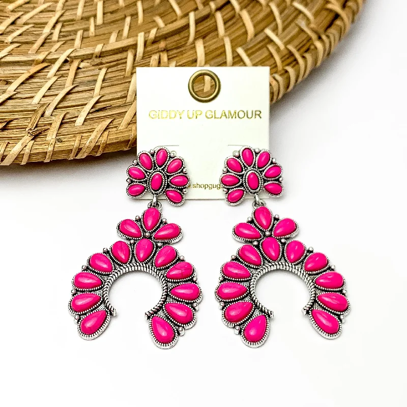 Hot Pink and Silver Horseshoe Drop Earrings