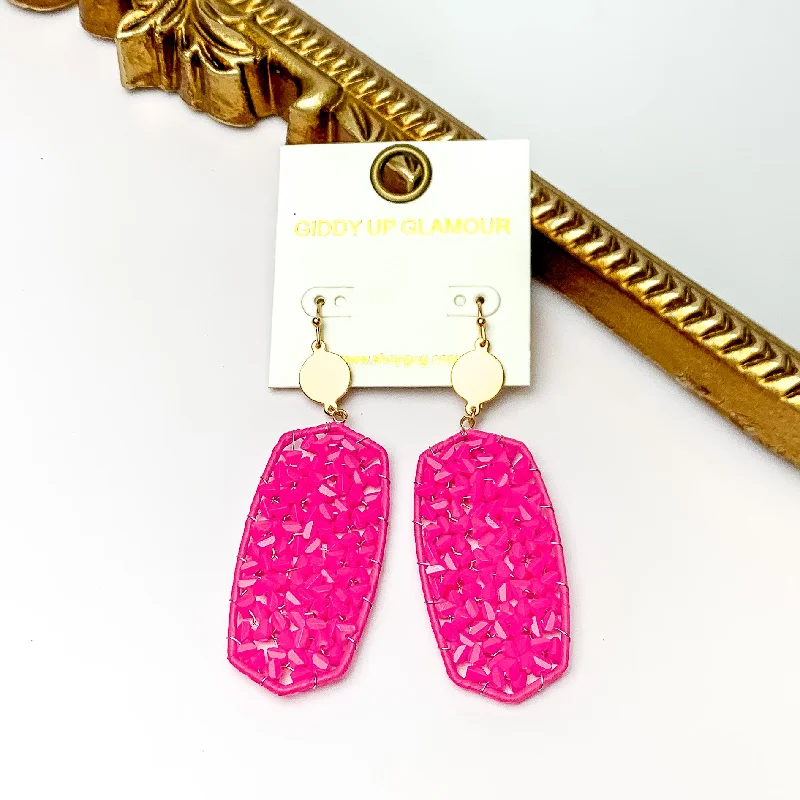 Hot Pink Large Drop Earrings with Gold Tone Accessory