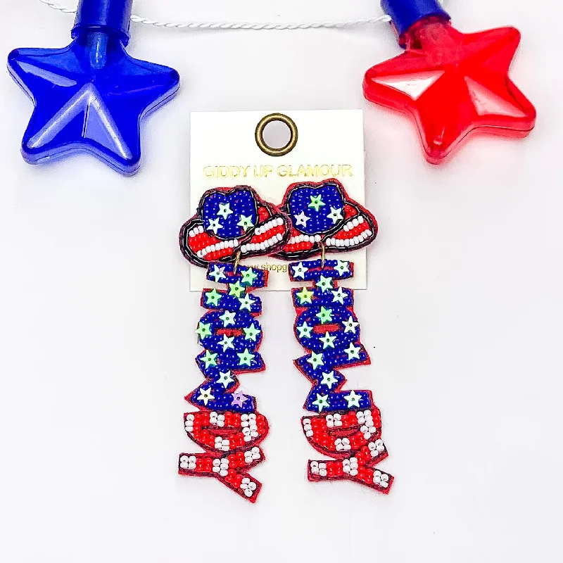 HOWDY Beaded Drop Earrings in Red, White, and Blue