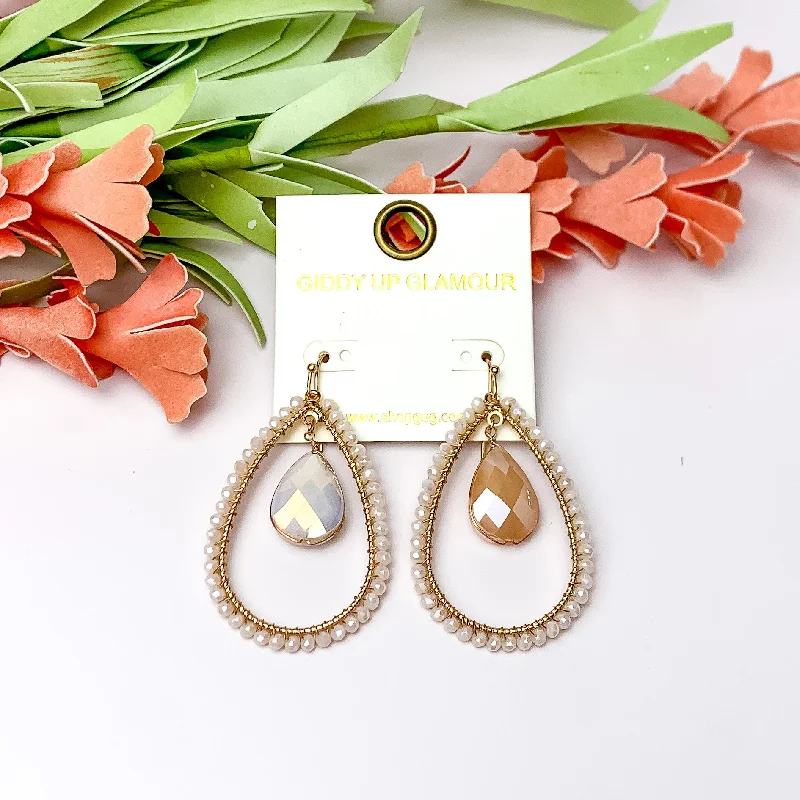 Ivory Stone Inside Open Beaded Teardrop Earrings with Gold Tone Outline