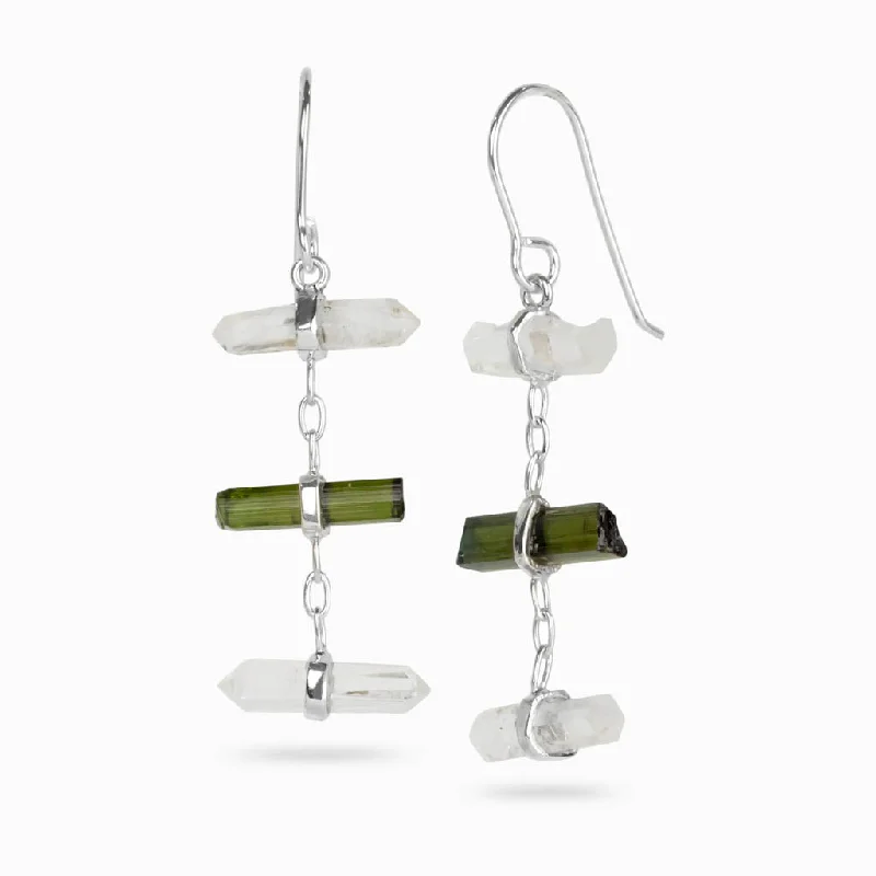 Laser Quartz and Green Tourmaline Drop Earrings