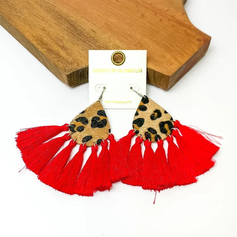 Leopard Teardrop Earrings with Tassel Trim in Red