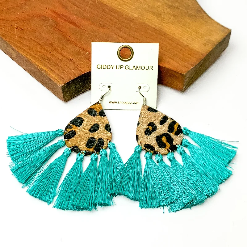 Leopard Teardrop Earrings with Tassel Trim in Turquoise