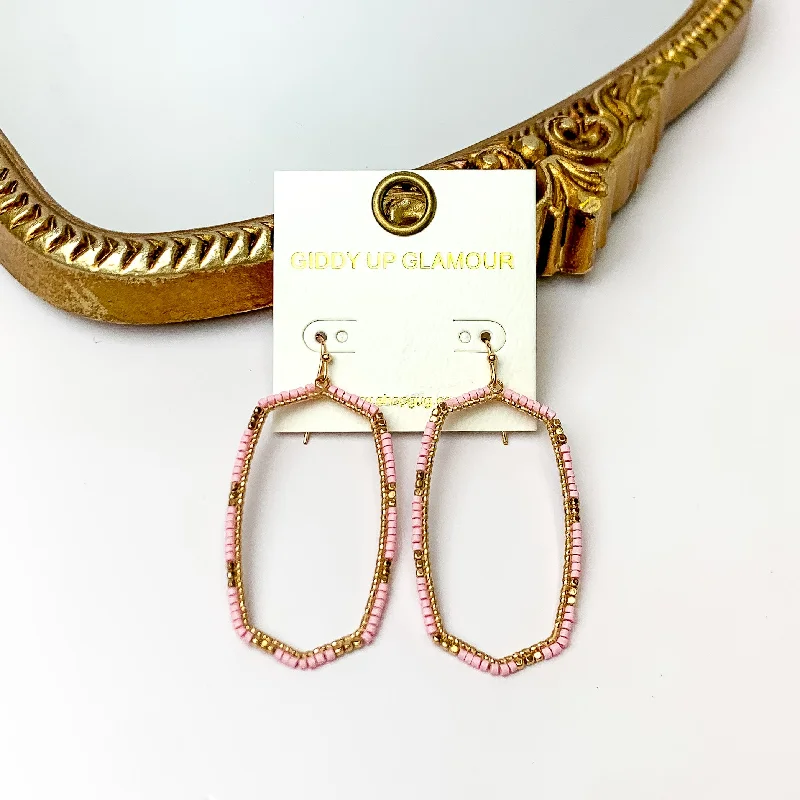 Light Pink Beaded Open Large Drop Earrings with Gold Tone Accessory