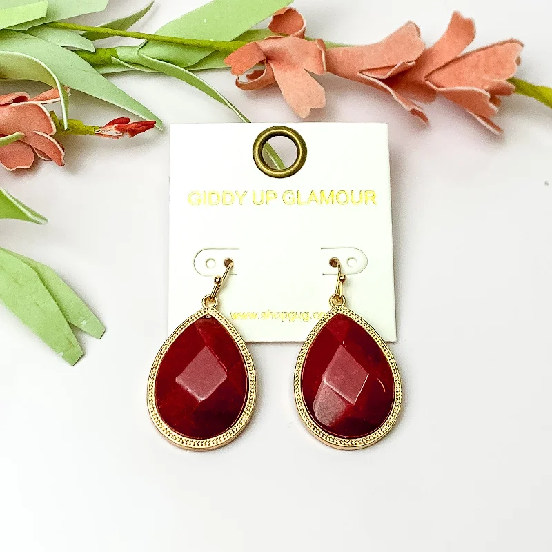 Maroon Drop Earrings with Gold Tone Outline