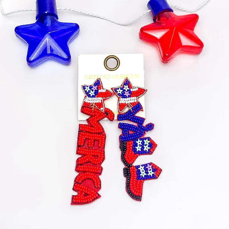 'MERICA Y'ALL Beaded Drop Earrings in Red, White, and Blue