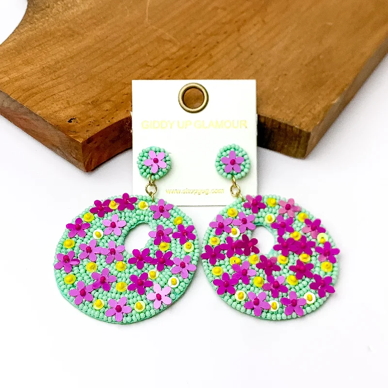 Mint Green Beaded Circular Drop Earrings with Floral Designs