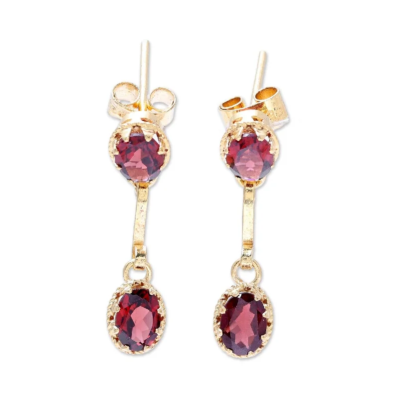 NOVICA Dazzling Twins, Gold plated garnet dangle earrings - 1.1L*0.3W