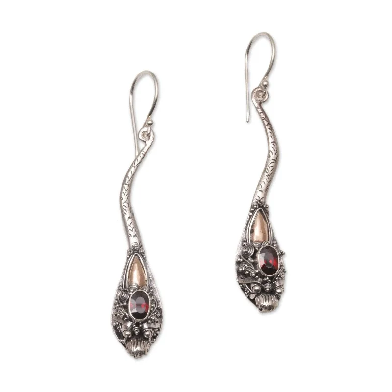 NOVICA Dragon Queen, Gold accented garnet dangle earrings - 2.4*0.4