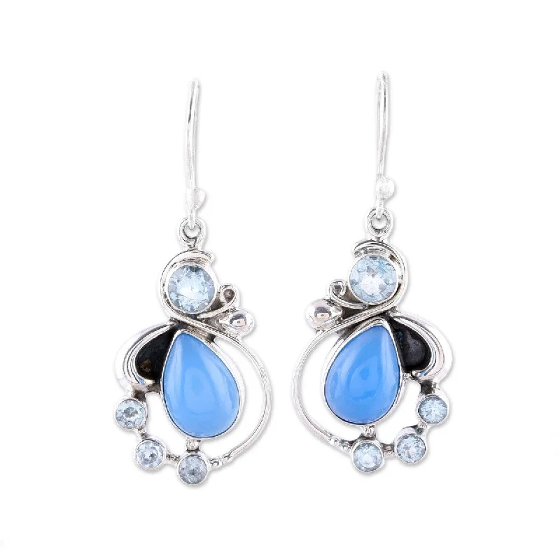 NOVICA Elegant Dew, Blue topaz and chalcedony dangle earrings - 1.7L*0.4W