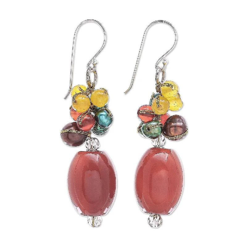 NOVICA Festival of Lights, Carnelian and cultured pearl dangle earrings - 2*0.5