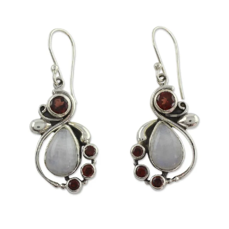 NOVICA Handmade Exquisite Garnet and Rainbow Moonstone Dangle Earrings (India) - 1.7*0.4